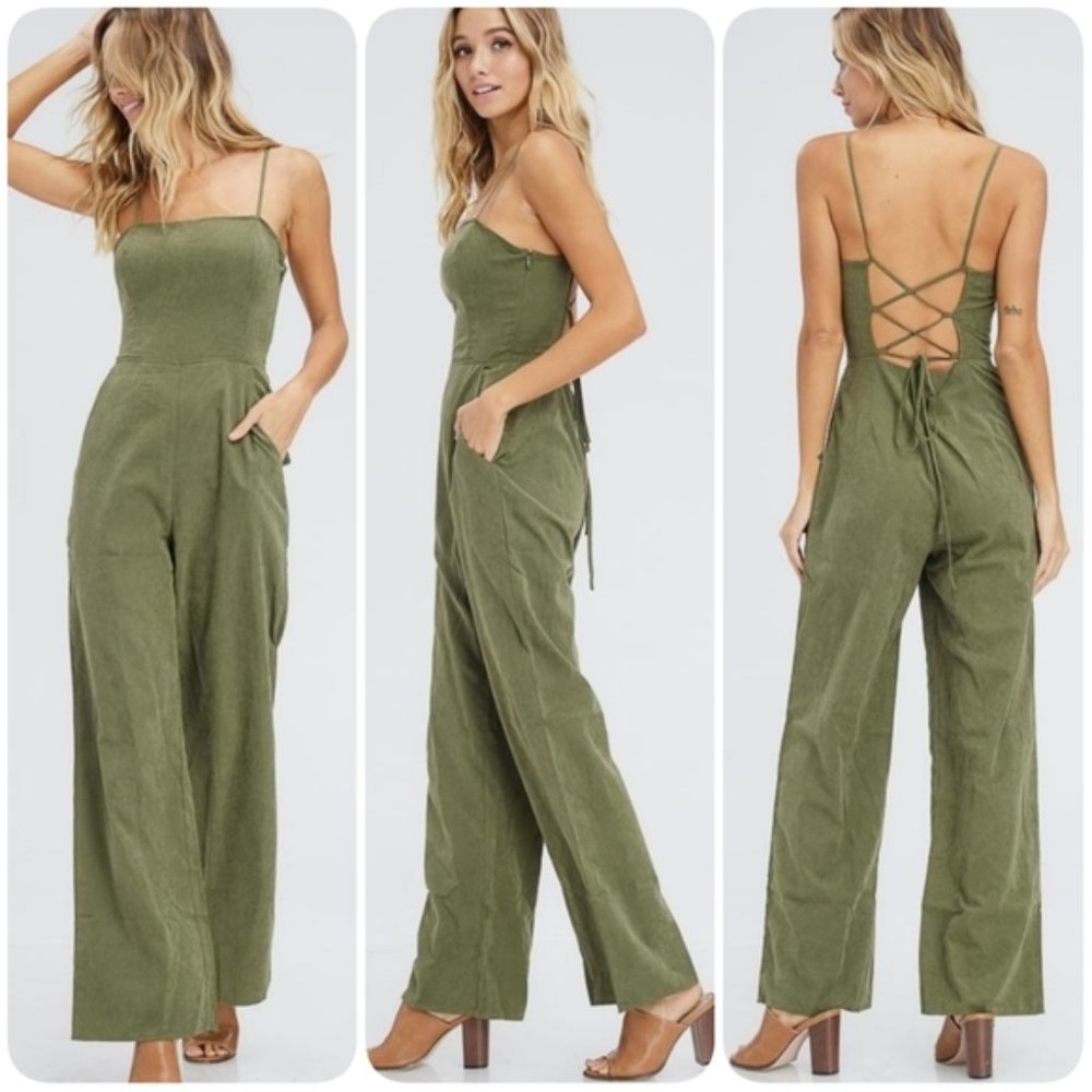 EMORY PARK Olive Green Moleskin Jumpsuit Pants Lace Back Small S